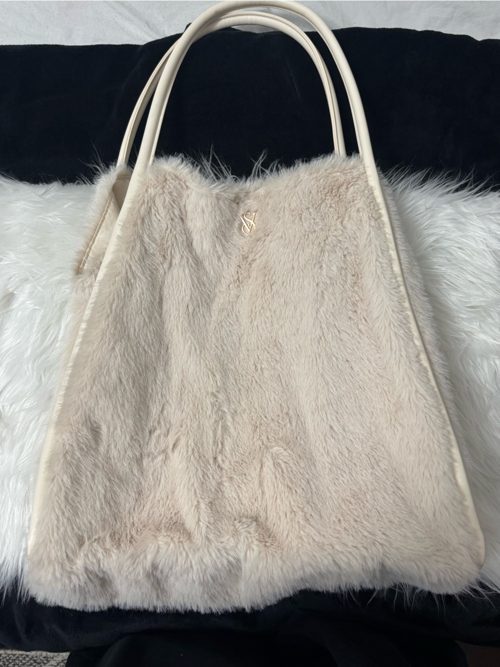 Victoria's Secret Cream Faux Fur Tote with Gold Logo